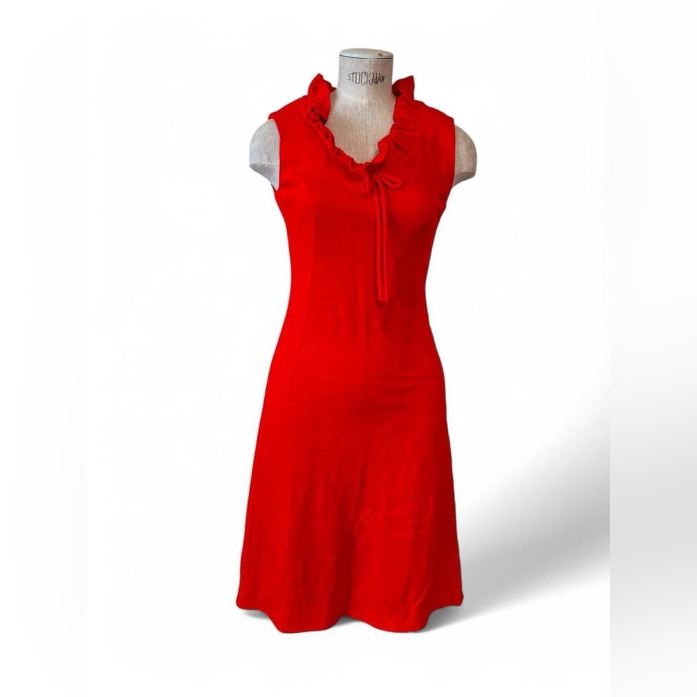 Vintage 1960’s Sue Brett Knit Wiggle Dress Mod Mini Dress Red Ruffled Bow Size 9
